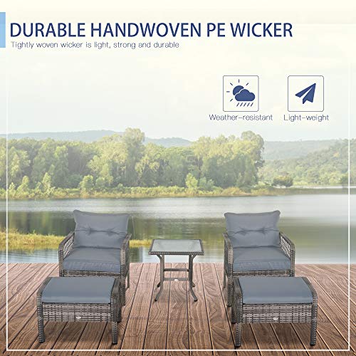 Outsunny 5-Piece Wicker Patio Armchair Set With Ottoman, Outdoor Pe Rattan Furniture Set With Comfortable Zippered Cushions & Weather-Fighting Build, Grey #TOP5