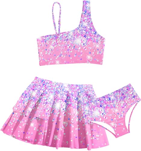 RAISEVERN Little Girls Bathing Suit Size 7-8 3 Piece Swimsuit Adjustable Spaghetti Strap Pink Sparkly Bikini Sets with Ruffle Cover Ups Beach Skirt Size 8 Cute Quick Dry Tankini Summer Swimwear