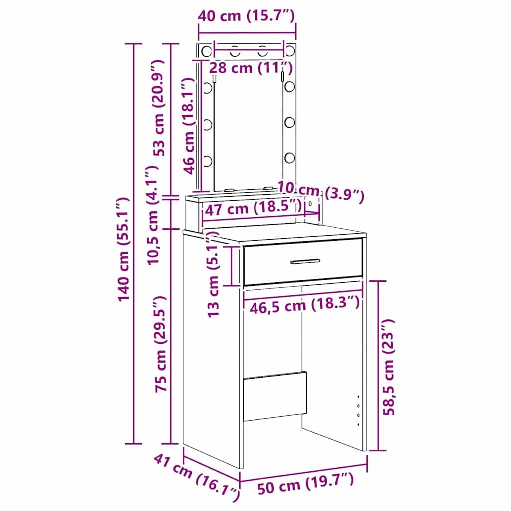 Tocador con cajón gris de madera 50 x 41 x 140 cm con espejo iluminado, puerto USB, espacio de almacenamiento y estante para dormitorio, vestidor, habitación de niña