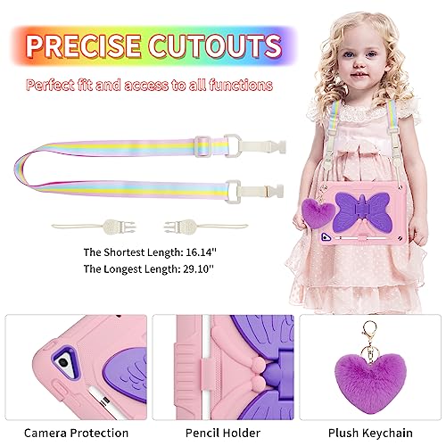 Vunake for iPad 6th 5th Generation Case iPad Air 2 Case with Screen Protector Kickstand Lanyard Keychain for Kids Girls Shockproof Protective Tablet Case for iPad 9.7 inch 2018 2017,Pink Butterfly - Image 2
