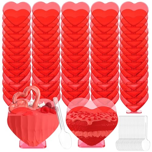 Ziliny Mini Heart Shaped Dessert Cups with Spoons 2.7 oz Valentine Day Plastic Appetizer Cup Clear Disposable Reusable Heart Shaped Bowl for Valentine Wedding Party Cakes Ice Cream(Red,60 Set)