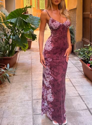 Image of ABINGOO Women Vintage Spaghetti Strap Maxi Dress Sexy Low Cut Backless Floral Satin Slip Long Dress Y2k Cami Bodycon Dresses