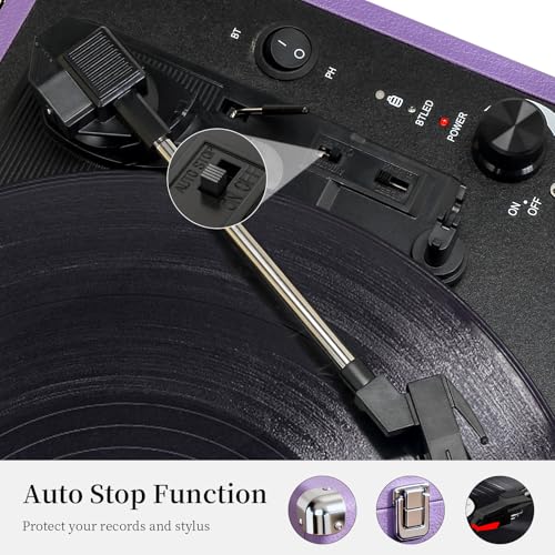 Image of Record Player 3 Speed Vinyl with Bluetooth Vintage Turntable Built in Battery Portable Suitcase Support Aux in RCA Line Out Headphone Jack Purple