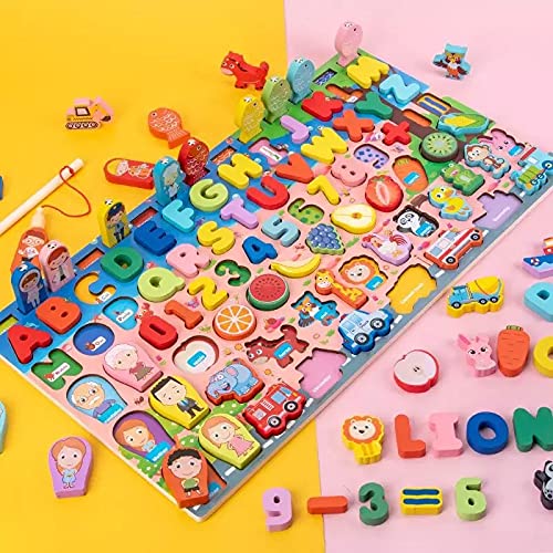 Image of Univocean Montessori Colorful Wooden Toys - Alphabet Numbers Animal Fruits Shape Fishing Game Board for Kids