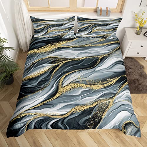 Marbling Duvet Cover Set Super King Size, Gold Grey Marble Comforter Cover with 2 Pillowcases
