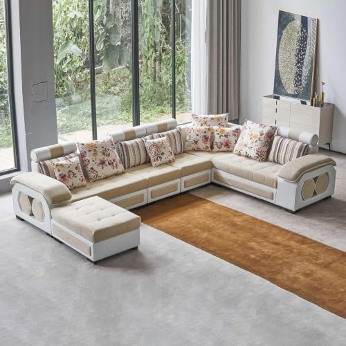 Image of Torque - Silvester 12 Seater U Shaped Sofa Set for Living Room (Left Side, Beige & White) | Large 12-Seater Couch Set with Cushion and Stool | Fabric Sofa for Hall Festival Gifts