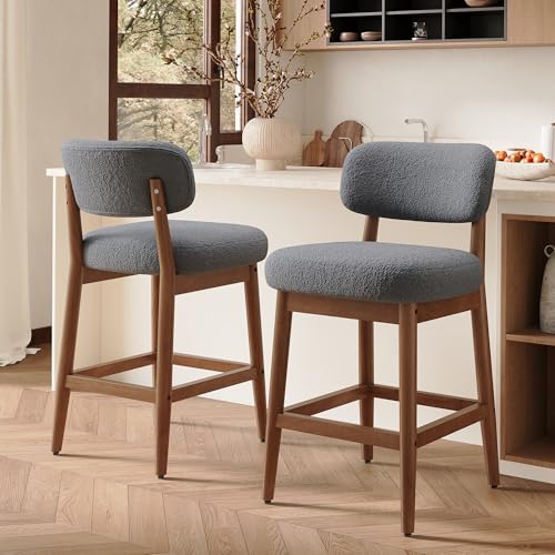 Image of Counter Height Bar Stools Set of 2, Mid-Century Modern Boucle Bar Chairs with Solid Wood Frame, Fluffy Upholstered Stools with Backrest for Kitchen Island, Home Bar, Dove Gray