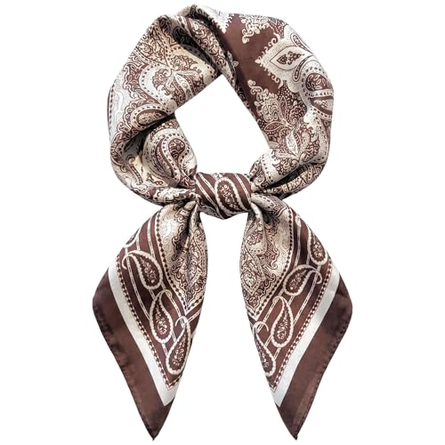 CLOLEVZ Head Hair Scarf for Women Neck Scarf Like Satin Silk Hair Bandana Square Scarves Fashion Accessories 27.5(Caramel Brown & White Paisley)