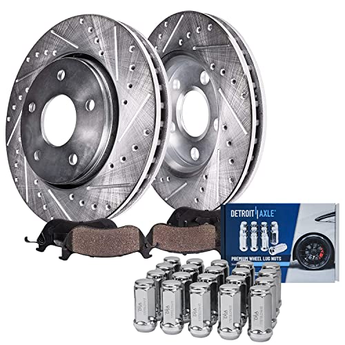 Image of Detroit Axle - Front Drilled Rotors & Brake Pads w / 20pc Lug Nuts | Replacement for Chevy Impala Cadillac DTS Buick LaCrosse Lucerne Allure - 24pc Set