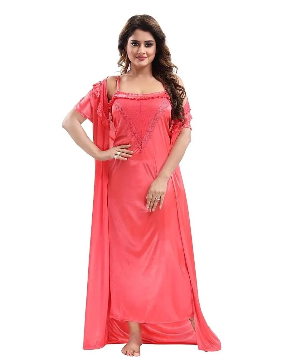 Women's Satin Maxi Night Dress Gown|Ladies Nightwear 2pcs Set with Robe-picture-16