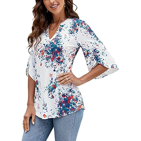 HOCOSIT Women's 3/4 Sleeve Tunic Tops Casual V Neck Dress Shirts Floral Printed Loose Fit Pleated Blouses White Cover