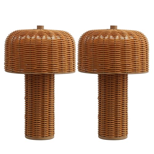 Image of JONATHAN Y 10 inch Light Brown /Brown Modern Scandinavian Faux Wicker Rechargeable Table Lamp Set of 2, Cordless Dimmable Integrated LED Lantern for Indoor /Outdoor Patio, Woven Shade (JYL7155B-SET2)
