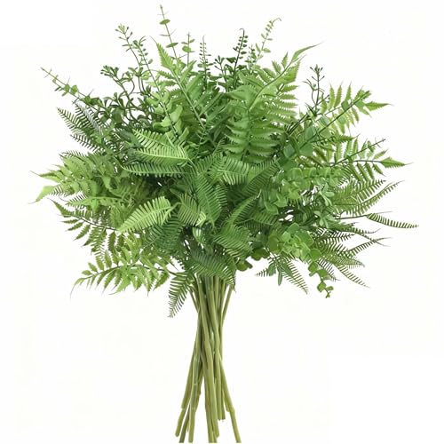 Eclove Lot de 12 Plantes Artificielles Vertes, Bouquets de Faux Fougères de Boston Feuilles Tiges d’Eucalyptus pour Décoration Maison, Bureau, Jardin,...