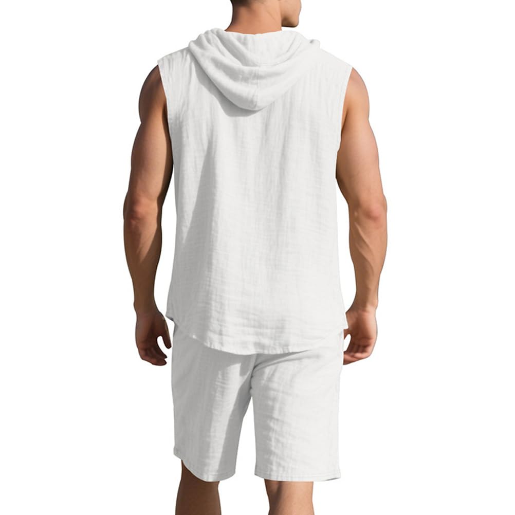 Conjunto de lino para hombre 2 piezas con capucha y pantalones cortos de playa verano
