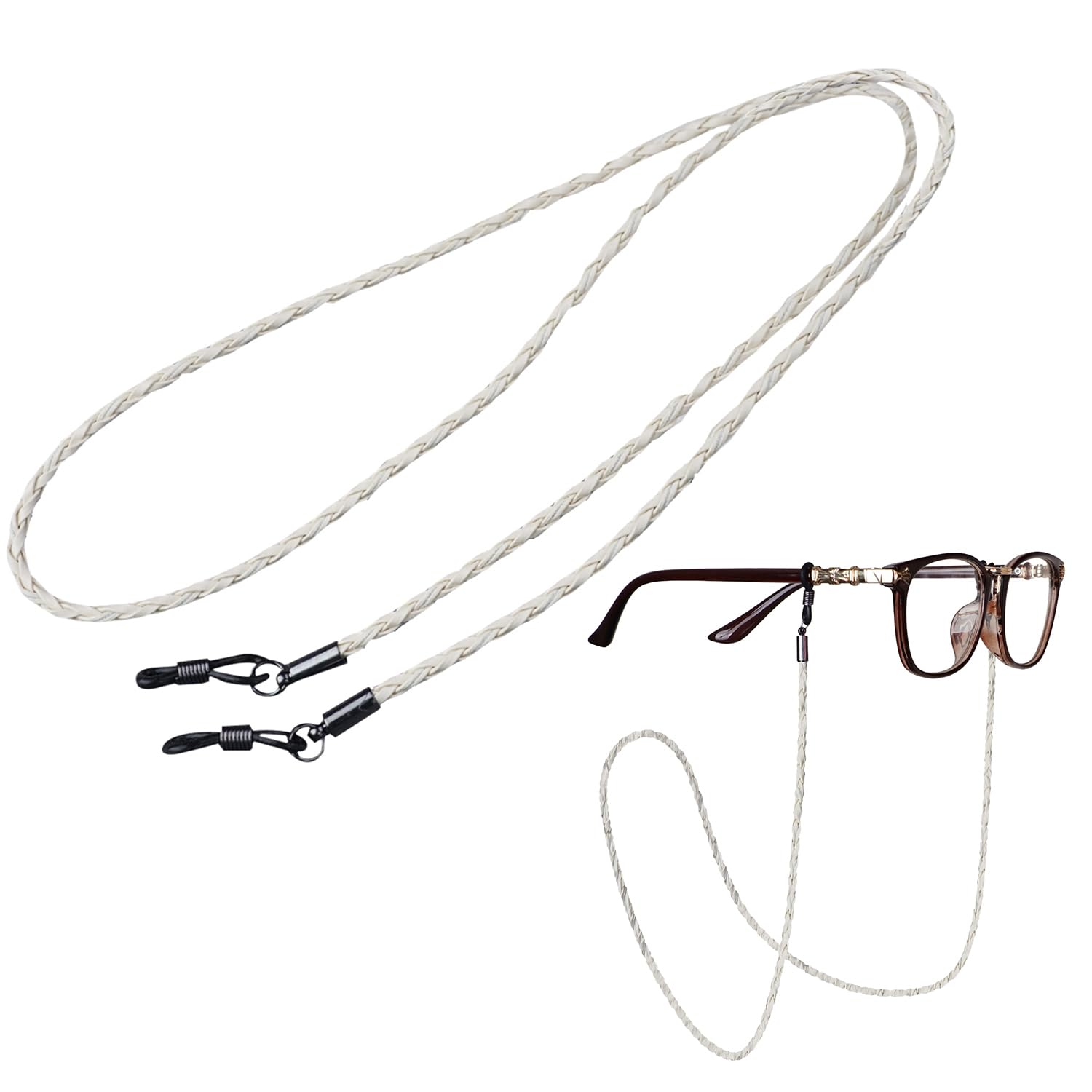 Nodcows 2 Piezas Cordón Gafas Premium, 70cm Cuerda Gafas Resistentes a los Rayos UV Correas para Gafas de Goma y Tela, Cordones para Gafas Impermeable de Cuero PU para Gafas de Sol y Gafas de Lectura (Blanco)
