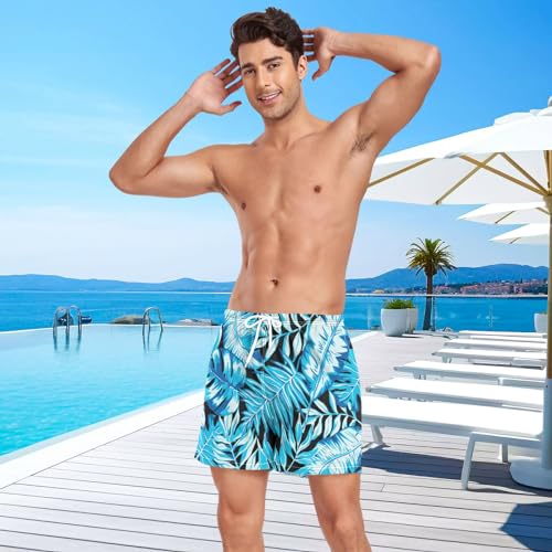Mens Swim Trunks Blue Palm Leaf Plant Swim Shorts Quick Dry Beach Shorts with Compression Liner and Zipper Pocket4