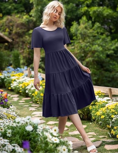Image of Zeagoo Women's Summer Flowy Midi Dress Casual Flutter Sleeve O Neck Tiered Beach Sundress Short Sleeve Dress Navy Blue