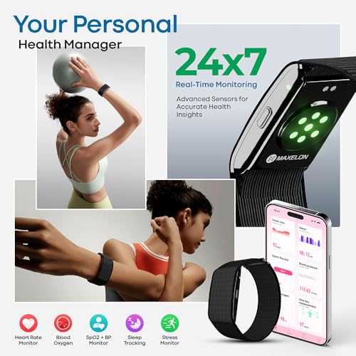 Image of Maxelon Maxfit 2.0 Fitness Smart Band with Upto 47 Days Battery | 170+ Sports Modes | 24 /7 Heart Rate, Stress,HRV Monitor | Supports 41 Languages | Screenless & Sleek | iOS /Android Support (Black)