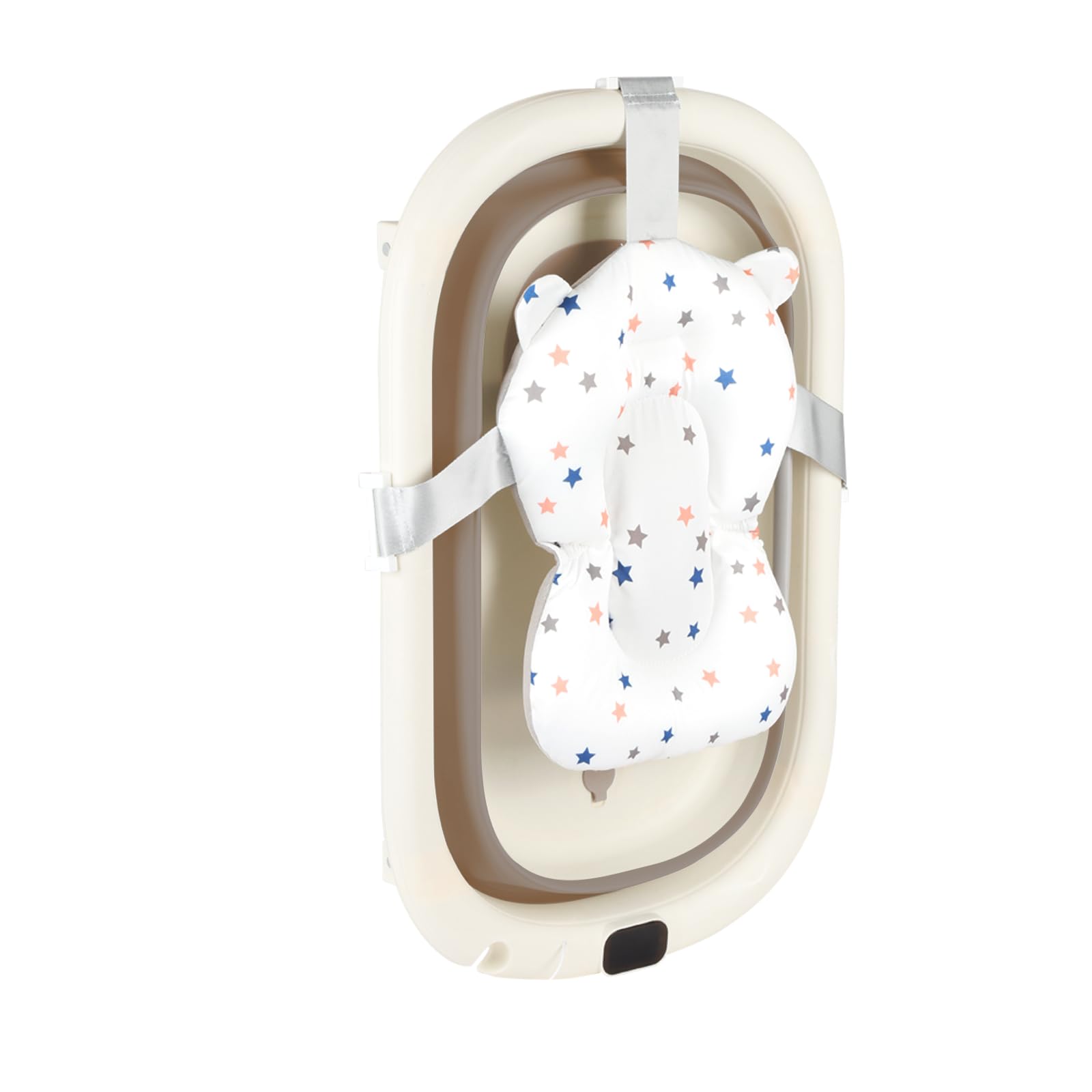 Vasca da bagno pieghevole per neonati, con tappo di scarico e visualizzazione della temperatura e cuscino per sedile, ultra compatto, piedini antiscivolo, A-43 x 71 x 18,5 cm (cachi)