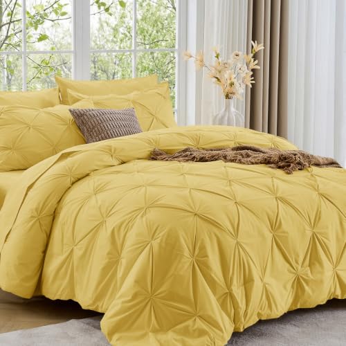 Image of Sasttie Queen Comforter Set, 7-Piece Bed in a Bag, Pintuck Bedding Sets for All Season, Includes Comforter, Flat Sheet, Fitted Sheet, Pillowcases and Pillowshams, Mustard Yellow