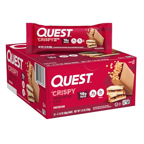 Image of Quest Nutrition Crispy Peanut Butter & Jelly 16g Protein Bar, 2g Sugar, 4g Net Carbs, Gluten Free Snack, Keto Friendly, 12 Count