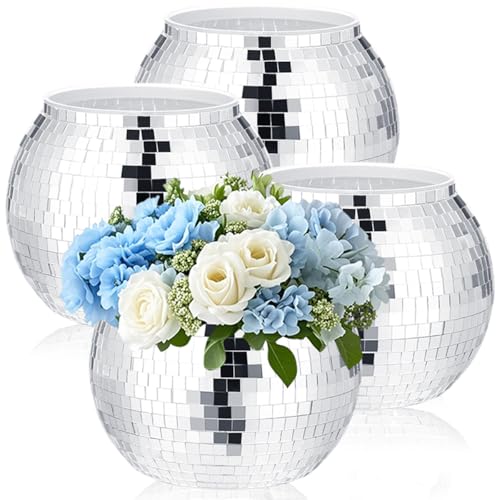 4 Pcs Disco Ball Vases Plastic Disco Ball Centerpieces 6 X 6.7 Disco Ball Decor Silver Mirror Disco Ball Planter Can Be Used for Wedding Centerpieces Birthday Office