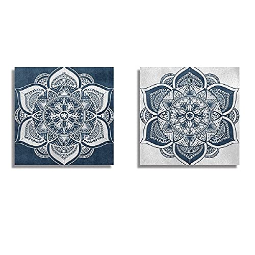 Imágenes para el dormitorio que solucionan paredes vacías con arte de mandala azul de 50x50cm