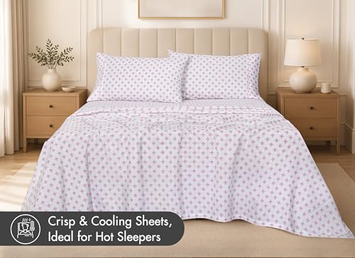 Image of RUVANTI 100% Cotton Percale Sheets Split King Size, Block Print Motif | Crisp Cooling, Deep Pocket 16 inch, Soft Breathable & Durable, Hotel-Style, 5 Piece Set