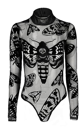 Restyle Clothing Death's Head Moth Womens Body Gothic Occult Witchy Black Long Sleeve Top, Velvet Mesh Bodysuit (L)