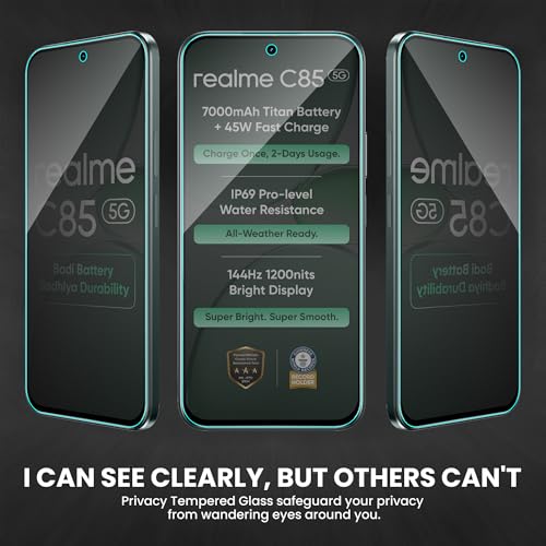 Image of ArmourPro Anti-Spy Privacy Tempered Glass for Realme C85 / Realme 15x and Narzo 90x - Anti Peeping Screen Protector, Edge to Edge Full Coverage, 9H Hardness, Easy Installation Kit | Pack of 2