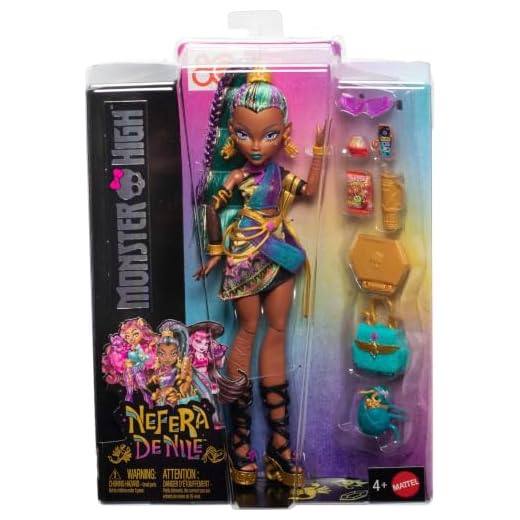 Monster High Nefera De Nile Doll, Royal Mummy in Dress with Pet Scarab Lavish and 7 Accessories like Purse, Laptop, Sunglasses, Drink and Snacks, JDR48