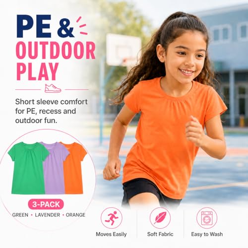 Image of Bienzoe Plain Solid Girls T-Shirts: School Basic Tee 3-Pack | Short Sleeve, Ages 4-13, PE, Recess, Outdoor Play, Soft Cotton Blend, Breathable Quick-Dry, Easy Care, Easy to Mix and Match