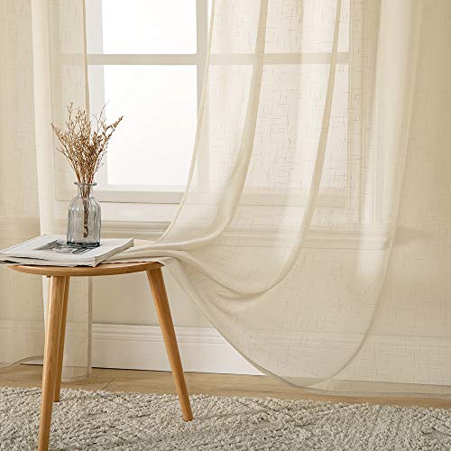 MIULEE 2 Panels Voile Curtains Sheer Cross Linen-like Solid Color Contemporary Decorative Ring Top Eyelet Panels for Bedroom Livingroom Nursery Room 55" Wx96 L Cream - Image 3