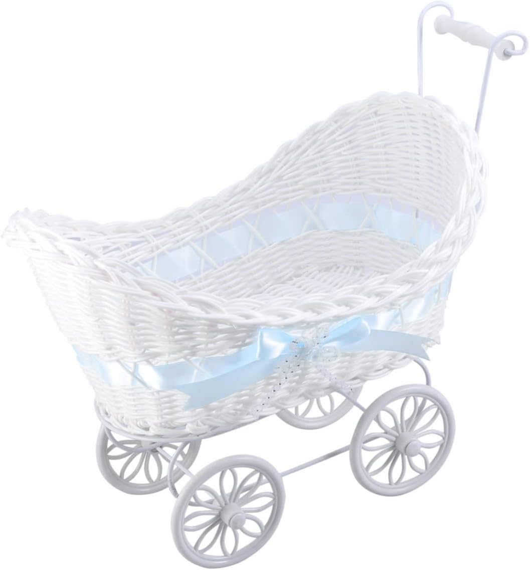 PRETYZOOM 1Pc Rattan Flower Basket Mini Cart Ornament for Wedding Shower Knitted Blue Stroller Decoration for Home and Events