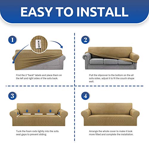 KEKUOU Stretch Loveseat Sofa Cover Slipcover,Couch Covers for 2 Cushion Couch Sofa (55"-78") Furniture Protector Sofa with Elastic Bottom for Kids,Dog. Jacquard Small Checked (Medium,Tan)