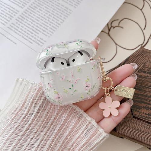 Image of MINSCOSE Compatible with AirPods 4 Clear Case, Cute Cartoon Flower Pattern Design with Aesthetic Floral Keychain Soft TPU Protective Shockproof Cover for AirPods 4 for Women Girls-Pink