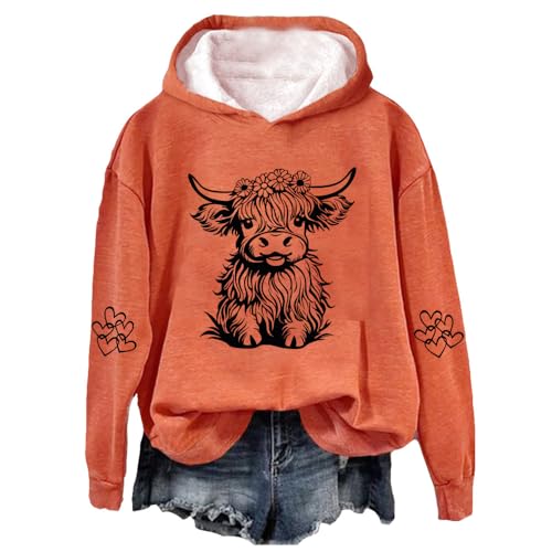 Image of Highland Cow Hoodie - Cute Cow Graphic Print Sweatshirt for Women - Vintage Western Country Style