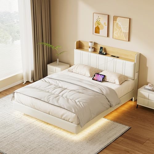 Dormely Lit Double 140x190 avec Sommier Flottant, Cadre lit avec LED et USB, Tete lit Rembourrée escamotable et Espace Rangement, pour Adultes et Adolescents,...