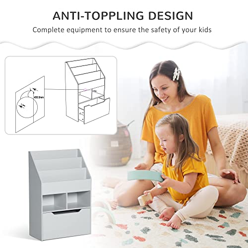 Homcom Kids Bookcase Multi-Shelf Rack Organizer With Storage Drawer For Books For Bedroom Or Playroom, Grey #TOP5