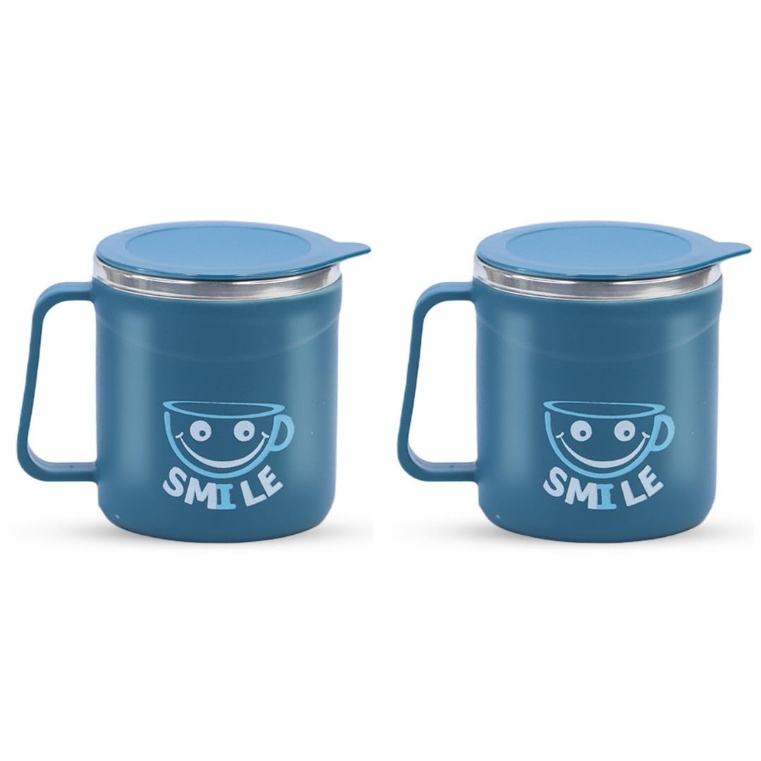 ATTRO Stainless Steel Happy Mug Comes with Double Wall Inner Stainless Still & Lid Stylish Cup Ideal for Hot Coffee, Tea-Blue Set of 2, 300 ml