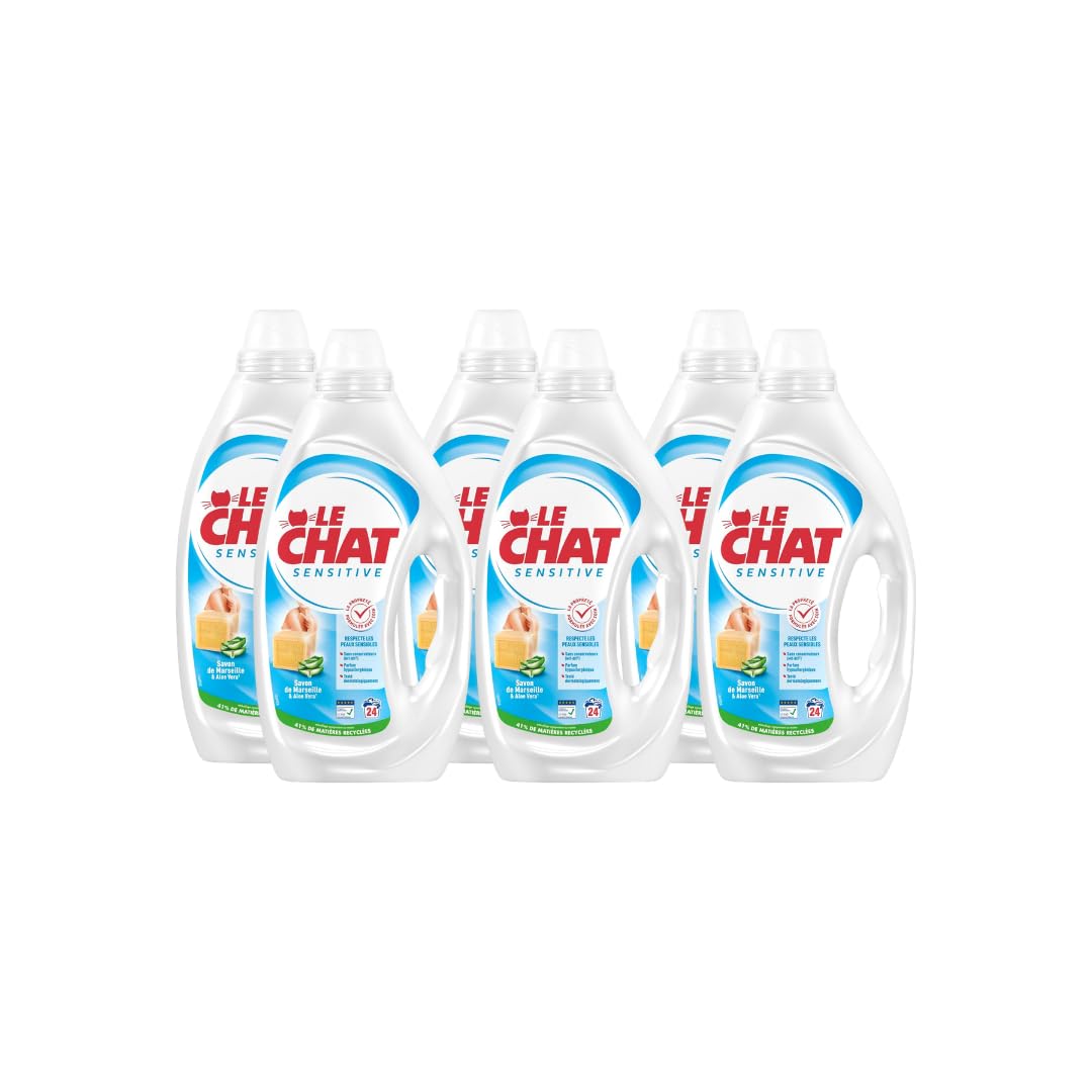 Le Chat, Lessive liquide, Sensitive, Savon de Marseille & Aloe Vera, respecte les peaux sensibles, sans conservateurs, Parfum Hypoallergenique, Teste dermatologiquement, 6x24 lavages