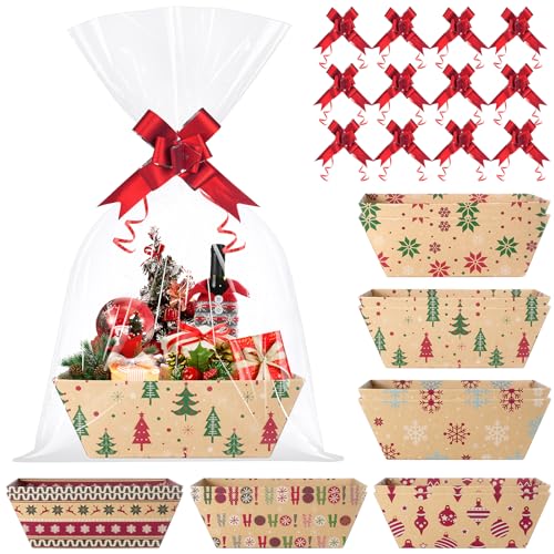 Pascliyna 12 Set Christmas Gift Baskets Empty 10x7 Inch Kraft Paper Christmas Gifts Baskets with Cellophane Bags and Red Pull Bows Reusable Gift Wrapping for Xmas Holiday Winter Party Supplies