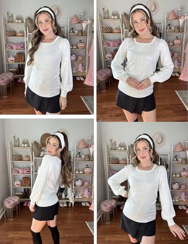 Image of HOTOUCH Sweaters for Women 2026 Fall Trendy Tops Casual Puff Sleeve Square Neck Cute Tunic Pullover Blouses XS-XXL