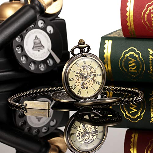 Image of TREEWETO Mens Antique Skeleton Mechanical Bronze Pocket Watch Dragon Hollow Hunter with Chain and Box
