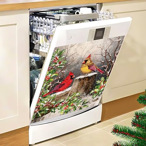 Image of Christmas Cardinals Dishwasher Magnet Cover, 23x26In Winter Birds Dishwasher Magnet Sticker for Holiday Decoration Funny Dish Washer Magnetic Cover Kitchen Fridge Panel Decal