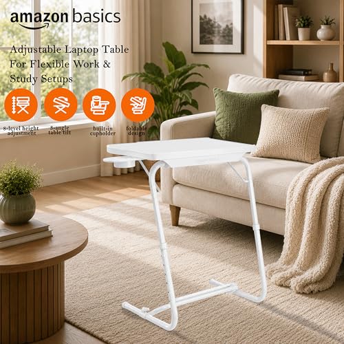 Image of amazon basics Executive | Lounge Mate Executive | Height Adjustable Laptop Table | Adjustable Table Angle | Cupholder | Footrest | Carbon Steel | Dove White | 75 cm - H, 55 cm - L, 40 cm - W