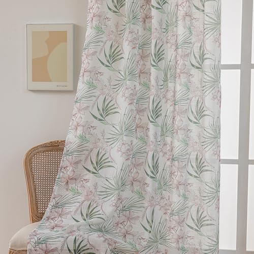 Image of SUOUO Green Tropical Palm Leaf Semi Sheer Curtains 84 inches Long Linen Textured for Living Room Patterned Red Floral Window Drapes for Dining Bedroom 2 Panels