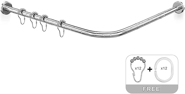 Misounda Shower Curtain Rail Tension Rod Curved L Shaped Extendable No Drill 70-100 x 90-120 cm - Telescopic Adjustable Bathtub Shower Curtain Pole - 304 Stainless Steel - Contains 24 Rings