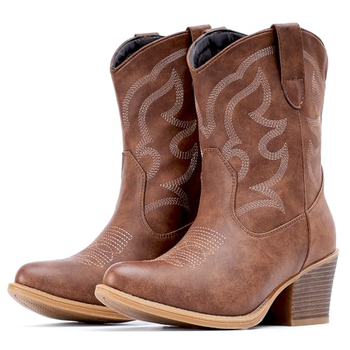IXU Cowboy Boots for Women Wide Suede Ankle Western Cowgirl Boots Mid Calf Pointed Toe Short Chunky Classic Booties