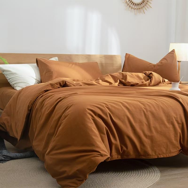 JYhoneyCaramel Pumpkin Duvet Cover Set Queen Size 3pcs Burnt Orange Duvet Covers Modern Minimalist Style Rust Solid Color Bedding Set Soft Microfiber Double Bed Comforter Covers with Zipper Closure